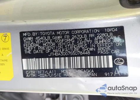 2005 Lexus Es 330 z USA, uszkodzony, nr VIN JTHBA30G755078448